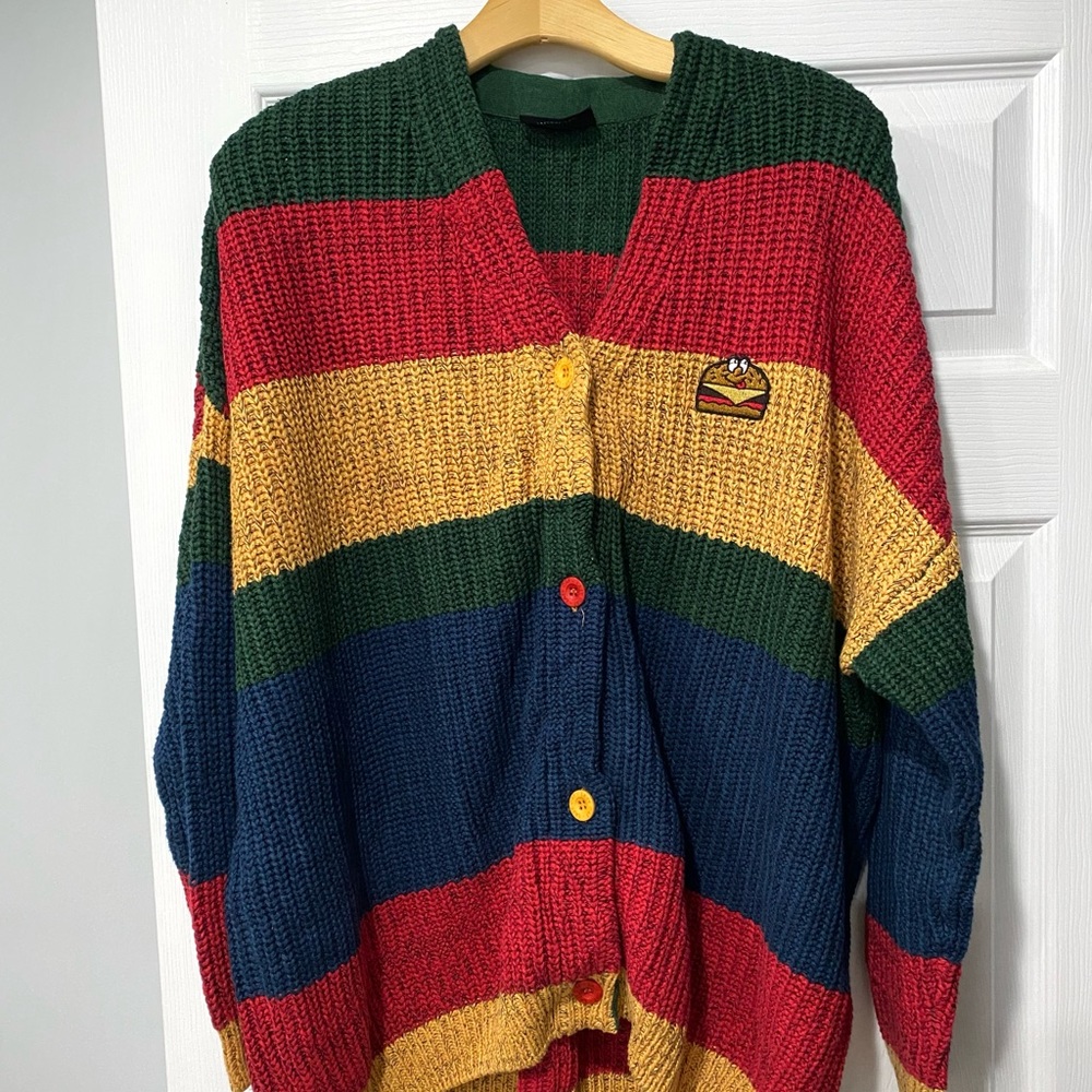 NWOT Lazy Oaf Striped Burger Patch Knit Cardigan Slouchy Oversized